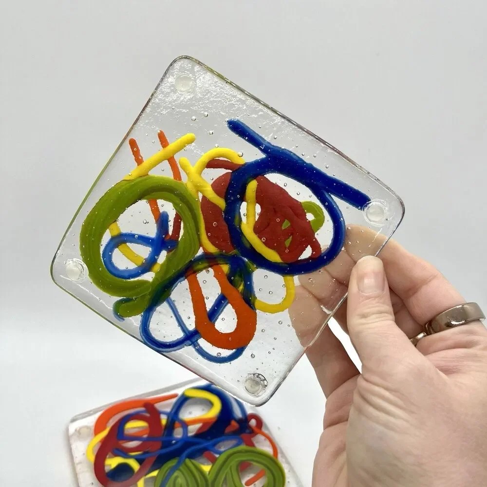 OOAK Set Of 2 Colorful Squiggle Art Glass Coasters Paperweights